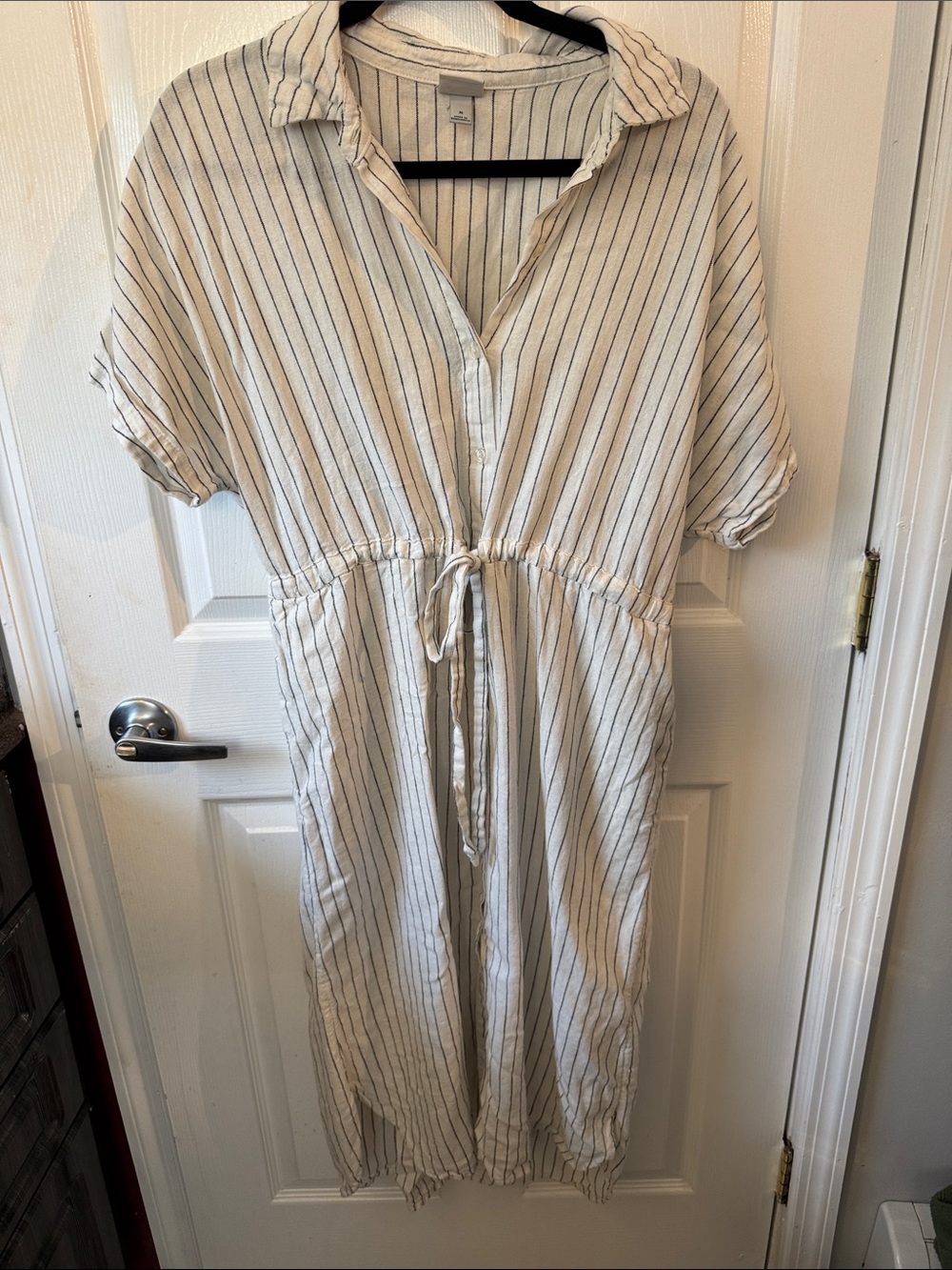 A New Day Linen Striped Drawstring Shirt Dress in White and Black